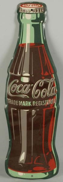 1947 COCA-COLA CUTOUT TIN BOTTLE SIGN.            