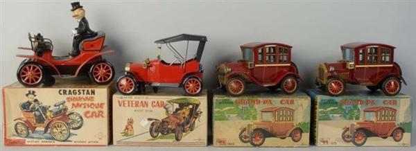 LOT OF 4: BATTERY-OPERATED OLD-TIMER CAR TOYS.    