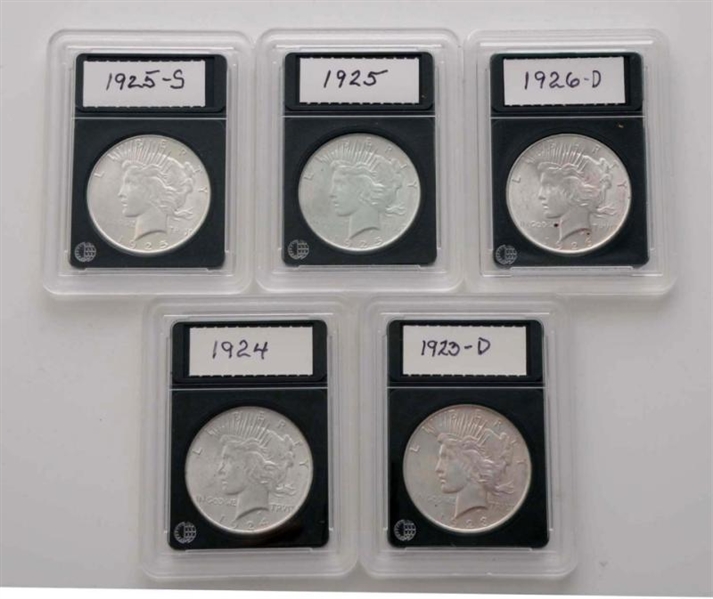 LOT OF 5: PEACE SILVER DOLLARS.                   