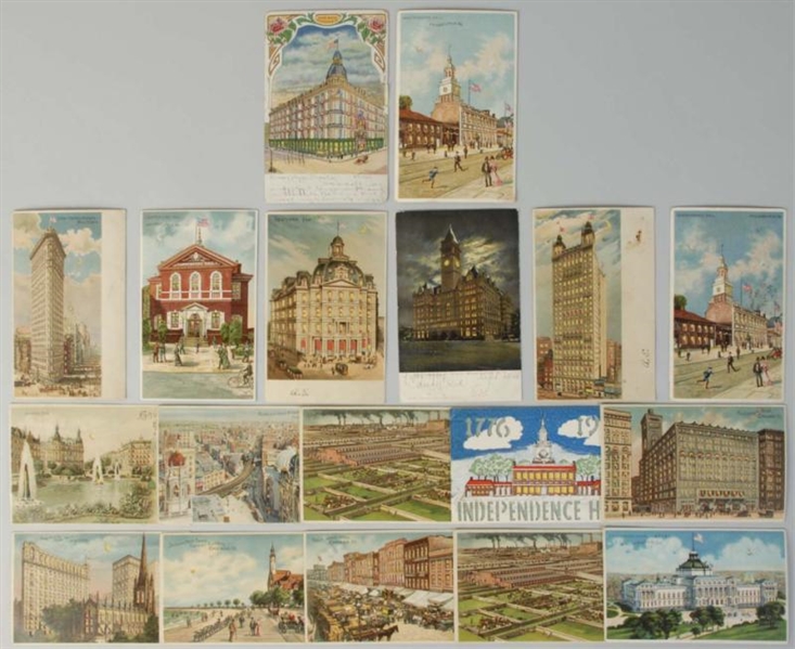 LOT OF 18: HOLD-TO-LIGHT BUILDING POSTCARDS.      