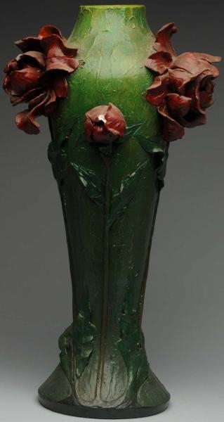 CERAMIC GREEN VASE WITH APPLIED RED CABBAGE ROSES 