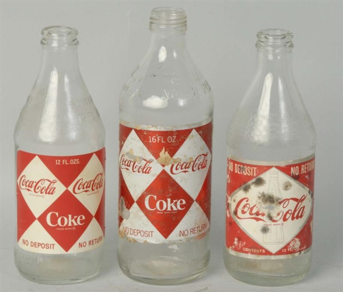 LOT OF 3: COCA-COLA 1960S PAPER LABEL BOTTLES.    