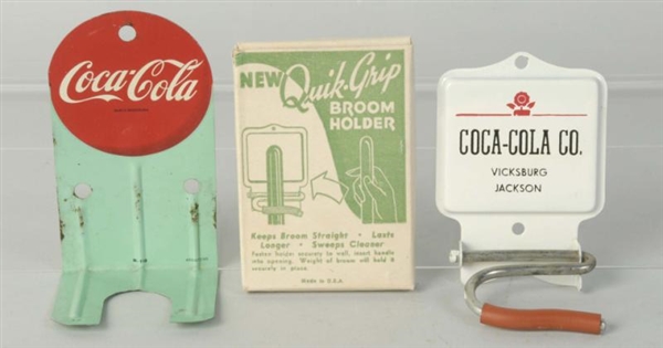 1950S COCA-COLA BROOM & 60S BOTTLE HOLDER.        