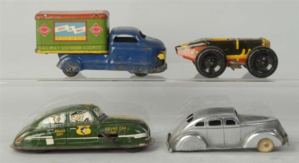 LOT OF 4: AMERICAN MADE TIN CAR TOYS.             