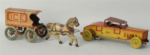 LOT OF 2: TIN LITHO TOYS: CAR AND ICE CART.       