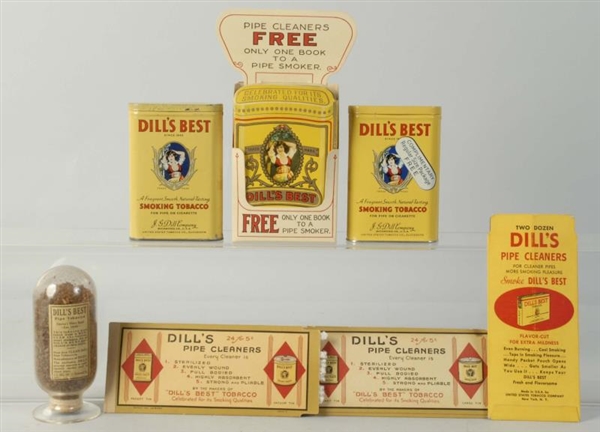 LOT OF 7: DILLS TOBACCO TINS AND ADVERTING.       