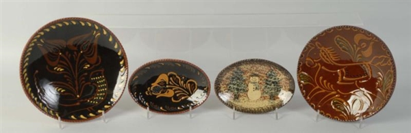 LOT OF 4: NED FOLTZ REDWARE POTTERY PLATES.       