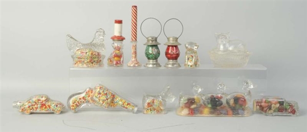 LOT OF 13: GLASS CANDY CONTAINERS.                