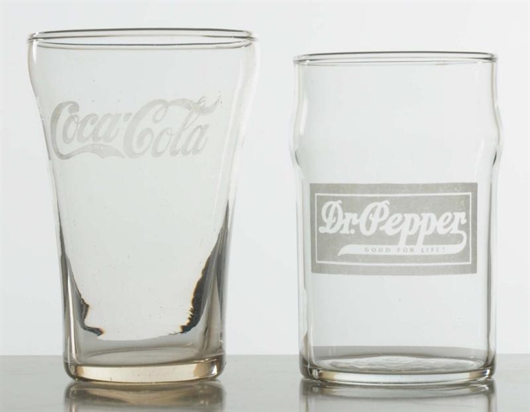 COCA-COLA & DR. PEPPER ACID ETCHED GLASSES.       