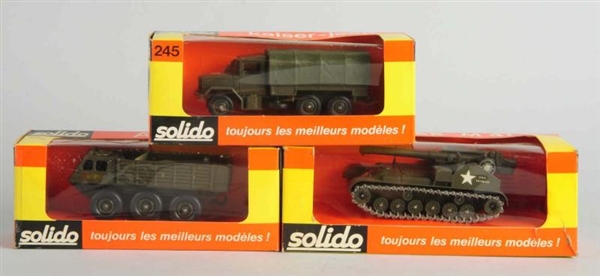 LOT OF 3: DIE CAST SOLIDO MILITARY VEHICLE TOYS.  