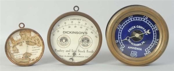 LOT OF 3:  ROUND  ADVERTISING THERMOMETERS.       