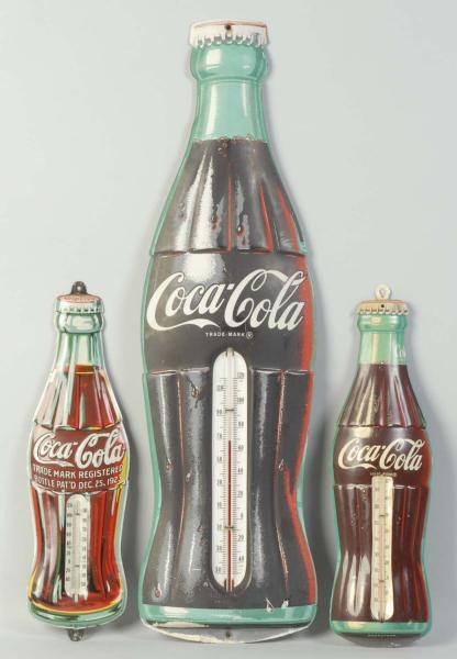 LOT OF 3: TIN COCA-COLA BOTTLE THERMOMETERS.      