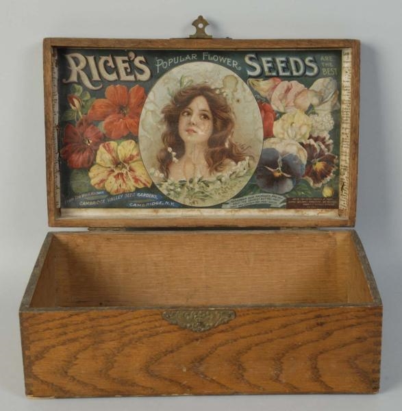 RICES SEEDS WOODEN ADVERTISING BOX.               