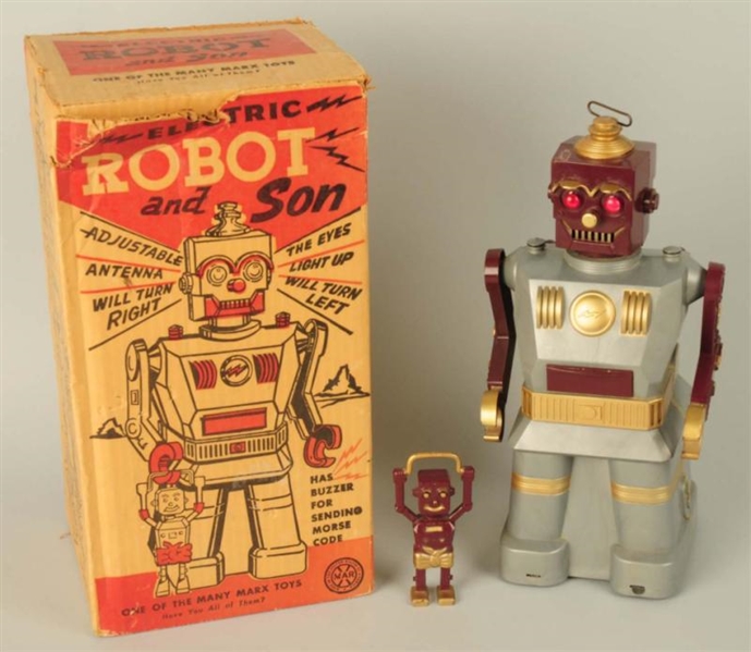 MARX PLASTIC BATTERY OPERATED ROBOT & SON.        