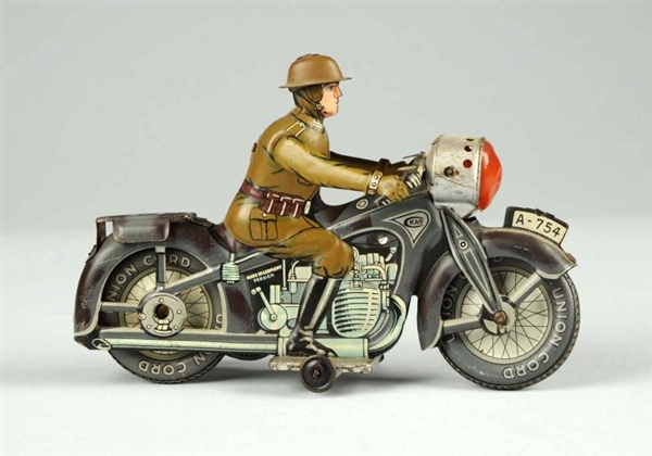 GERMAN TIN LITHO WIND-UP SOLDIER MOTORCYCLE TOY.  