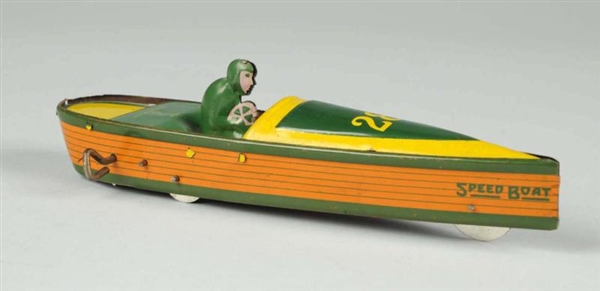 STRAUSS TIN LITHO WIND-UP SPEED-BOAT TOY.         