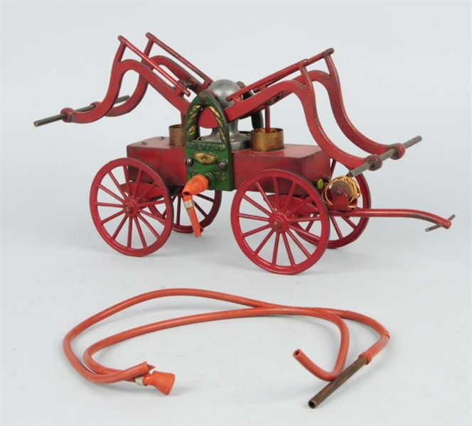 CAST IRON & WOODEN AMERICAN MADE FIRE PUMPER TOY. 