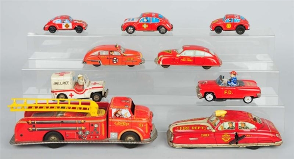 LOT OF 9: TIN LITHO FIRE DEPARTMENT VEHICLES.     