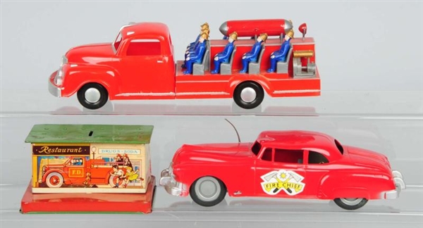 LOT OF 3: PLASTIC AND TIN LITHO FIRE DEPT. TOYS.  