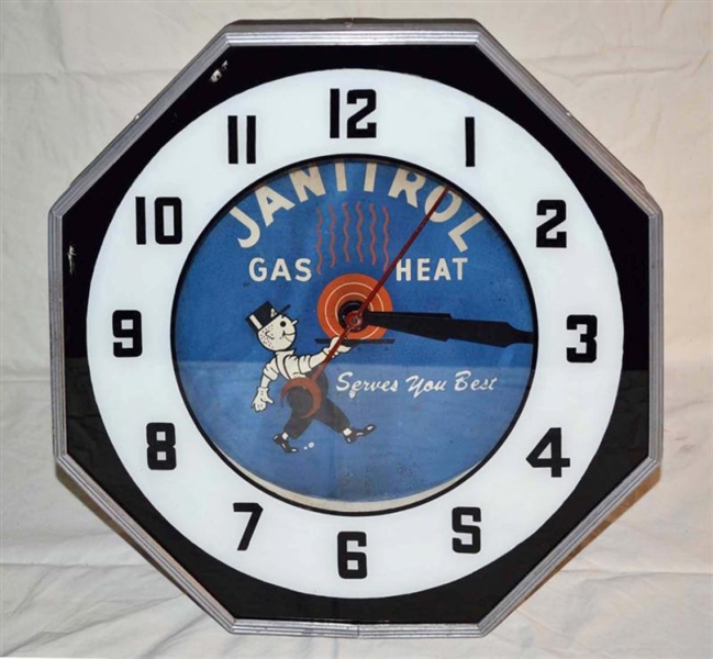 JANITOR GAS HEAT "SERVES YOU BEST" NEON CLOCK.    