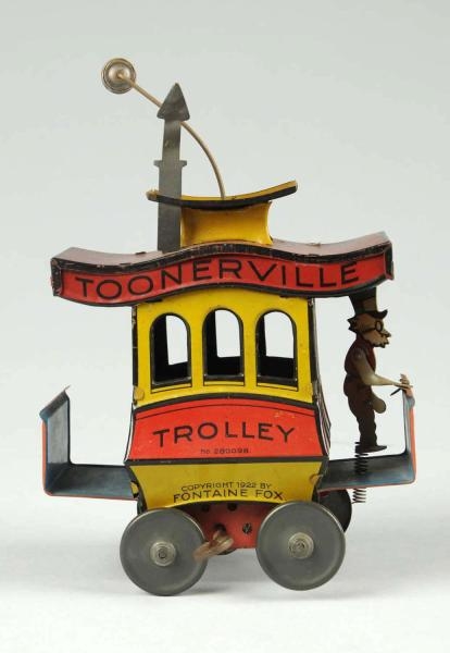 GERMAN TIN LITHO TOONERVILLE TROLLEY TOY.         