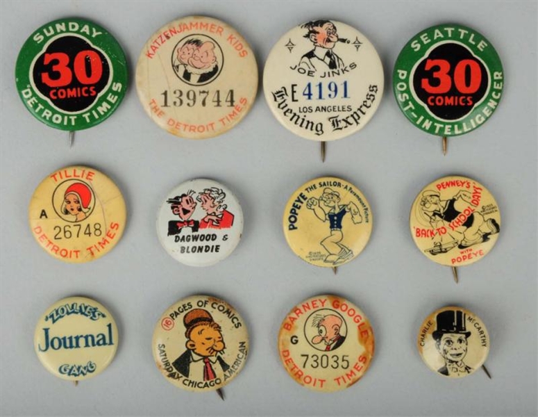 LOT OF 12: COMIC CHARACTER PINBACK BUTTONS.       