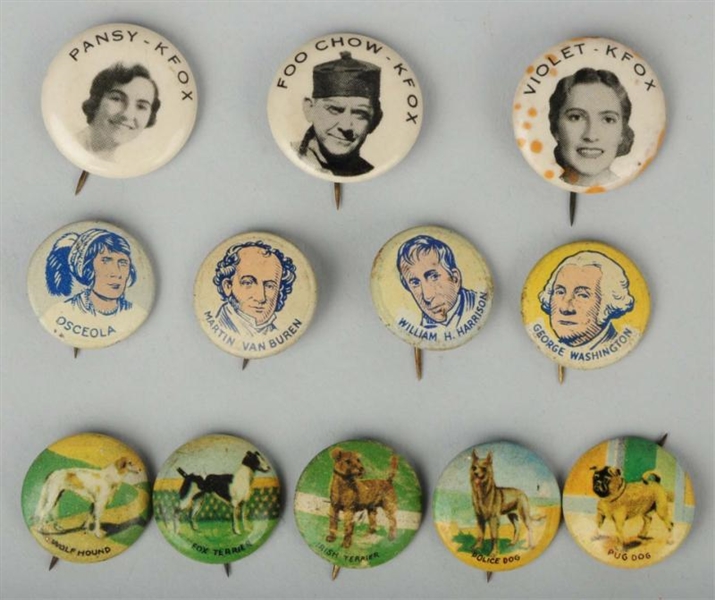 LOT OF 12: MISC. CELLULOID & TIN LITHO BUTTONS.   