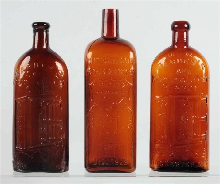 LOT OF 3: EARLY BROWN ADVERTISING BOTTLES.        