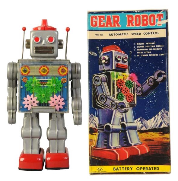 TIN LITHO & PAINTED GEAR ROBOT.                   