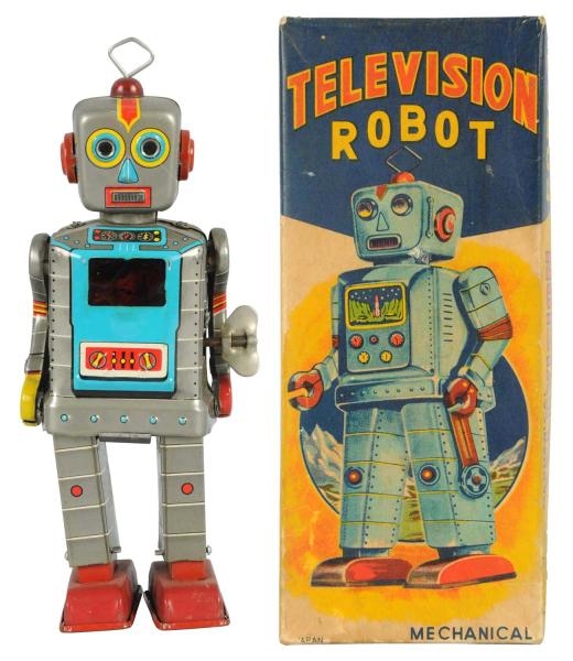 TIN LITHO WIND-UP TELEVISION ROBOT.               