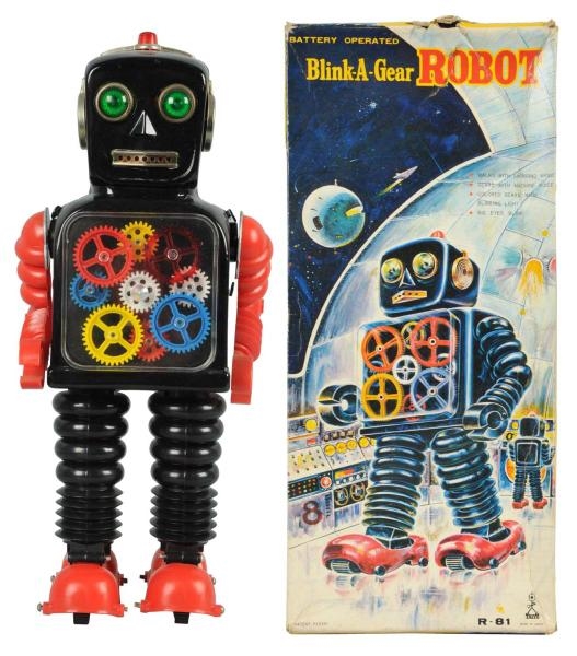 TIN LITHO & PAINTED BLINK-A-GEAR ROBOT.           
