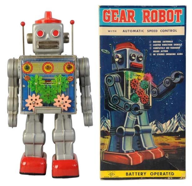 TIN LITHO & PAINTED GEAR ROBOT.                   