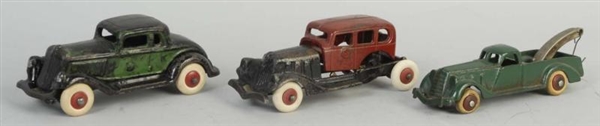 LOT OF 3: CAST IRON HUBLEY AUTOMOBILES.           