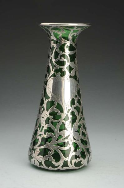 GREEN WITH SILVER OVERLAY VASE.                   