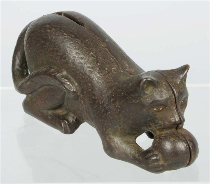 CAST IRON CAT WITH BALL STILL BANKS.              