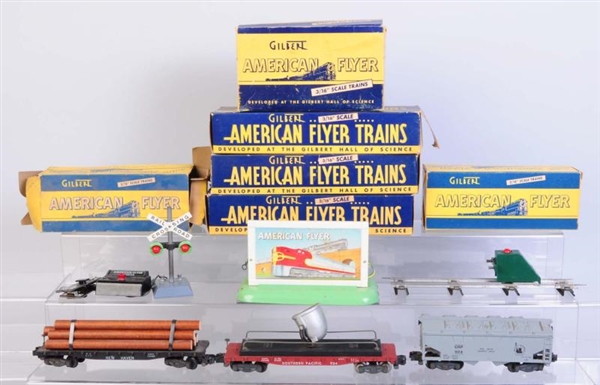 AMERICAN FLYER WHISTLE BILLBOARD & 5 FREIGHT CARS 