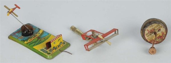 LOT OF 3: TIN LITHO AIRPLANE PENNY TOY ITEMS.     