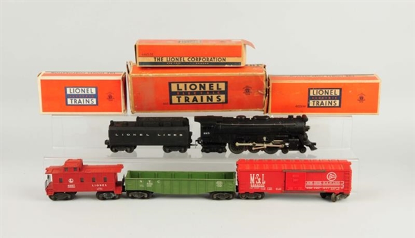 LIONEL NO.665 L&T & 3 BOXED FREIGHT CARS.         