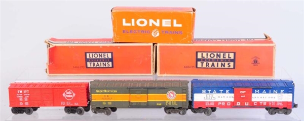 LOT OF 3: ASSORTED LIONEL BOX CARS.               