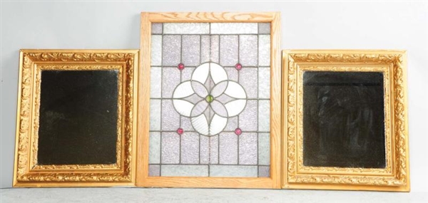 LOT OF 2: MIRRORS & STAINED GLASS WINDOW.         