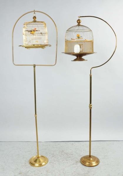 LOT OF 2: BRASS BIRD CAGES WITH STANDS.           