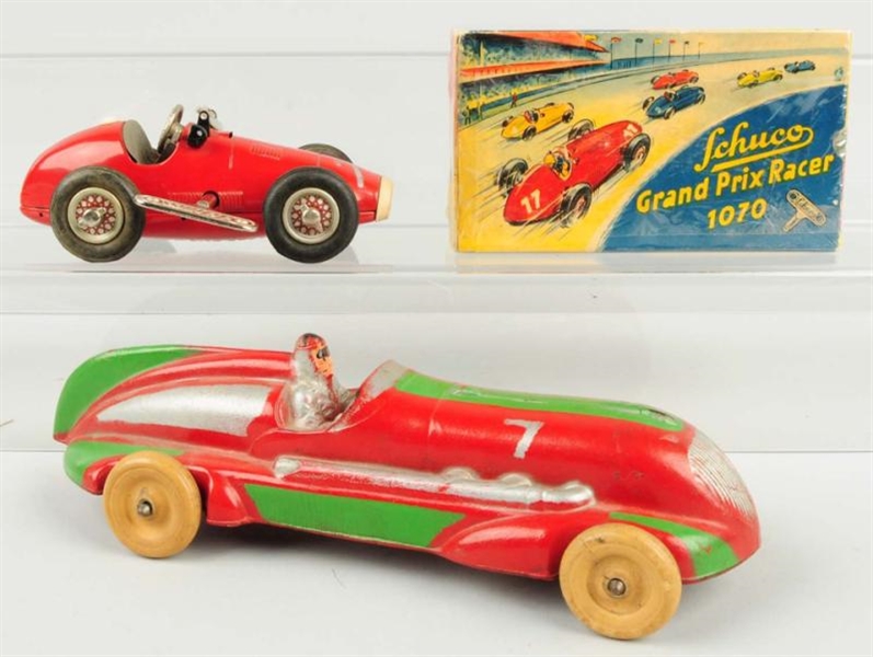 LOT OF 2: VINTAGE TIN WIND-UP & RUBBER RACE CARS. 