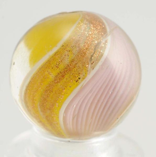 YELLOW AND LAVENDER RIBBON LUTZ MARBLE.           