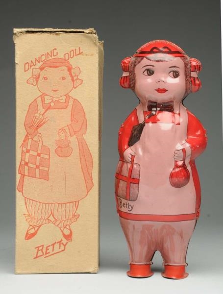 LINDSTROM WINDUP TIN DANCING BETTY DOLL WITH BOX. 