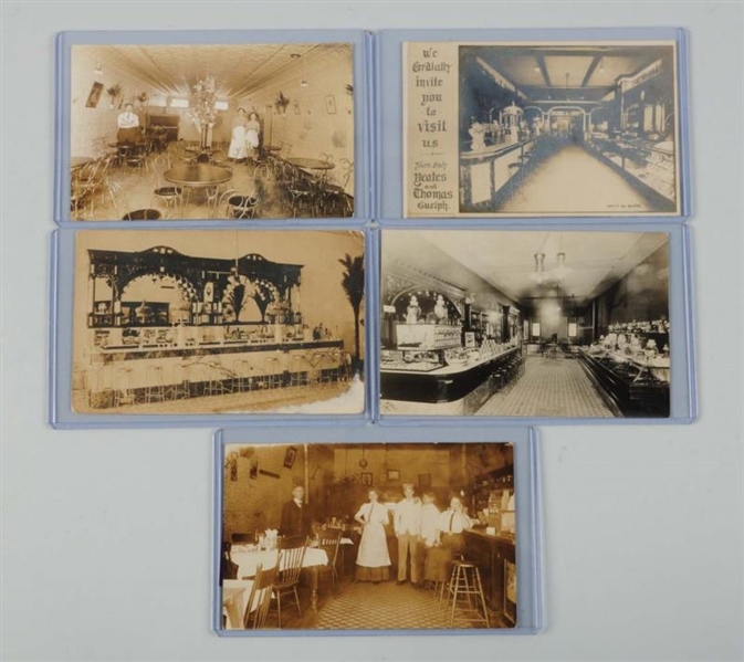 LOT OF 5: SODA FOUNTAIN REAL PHOTO POSTCARDS.     