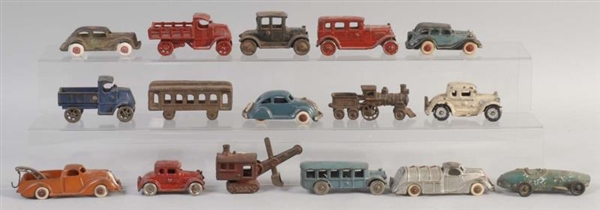 LOT OF 16: MISC. SMALL CAST IRON VEHICLES.        