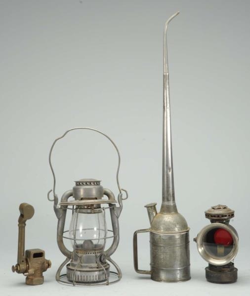 4 PC. 2 LANTERNS & OIL CAN AND PART FOR A TRAIN.  