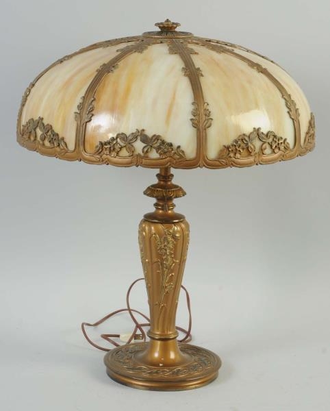 LAMP WITH SLAG GLASS SHADE.                       