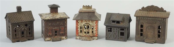 LOT OF 5: CAST IRON BUILDING BANKS.               