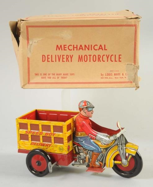 MARX TIN WIND-UP DELIVERY MOTORCYCLE TOY.         